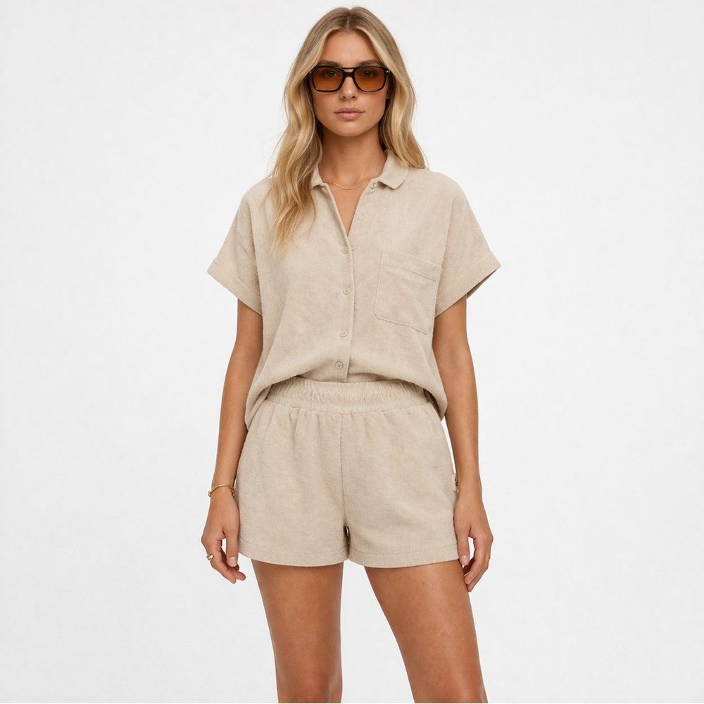 Araminta James Terry Cloth Shorts Beige Cream Cotton Lounge Elastic Waist Size S